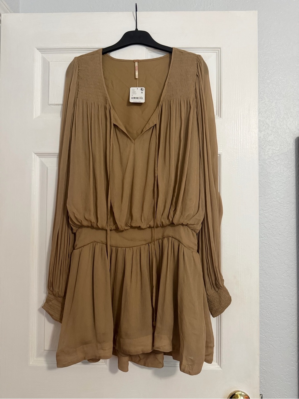 Free People Long Sleeve Pleated Tan Mini Dress